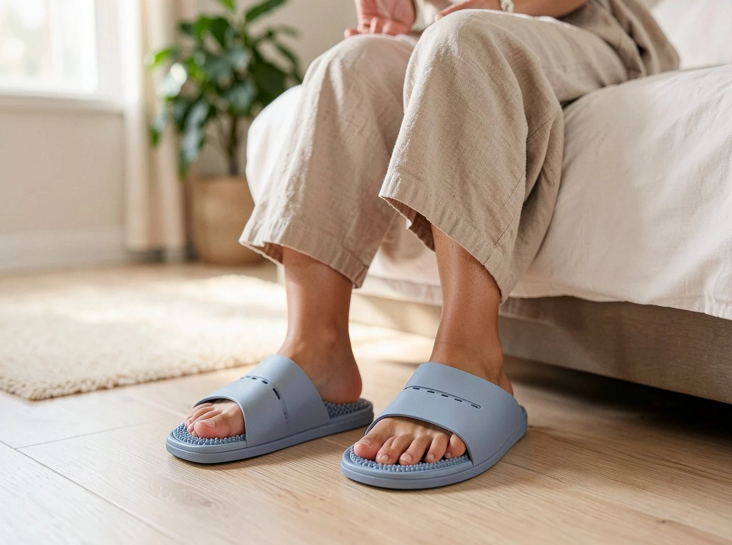 A person seated on the edge of a bed wearing Fecrux slotted band slide sandals, the row of slots visible across the strap